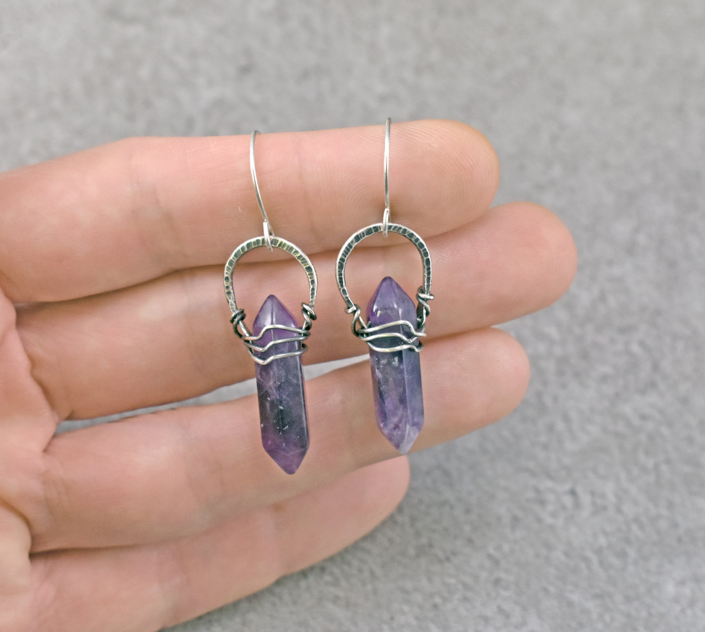 Amethyst Double Terminated Point and Sterling Silver Earrings, Unique Handmade Purple Jewelry