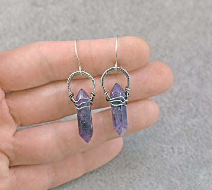 Amethyst Double Terminated Point and Sterling Silver Earrings, Unique Handmade Purple Jewelry