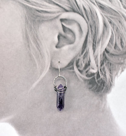 Amethyst Double Terminated Point and Sterling Silver Earrings, Unique Handmade Purple Jewelry