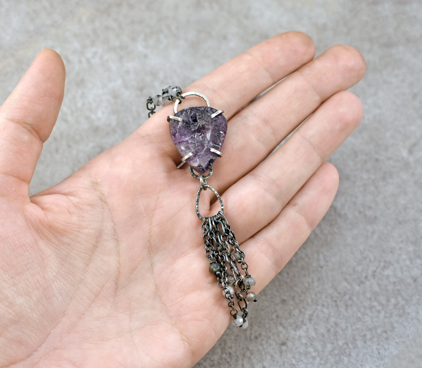 Raw Amethyst and Sterling Silver Prong Necklace, Artisan Purple Stone Pendant with Long Chain