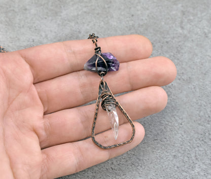 Raw Amethyst and Quartz Crystal Necklace, Rustic Copper Pendant, Natural Purple Gemstone Jewelry