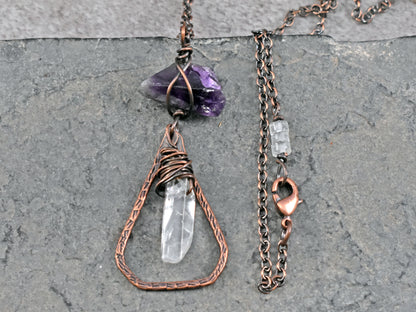 Raw Amethyst and Quartz Crystal Necklace, Rustic Copper Pendant, Natural Purple Gemstone Jewelry