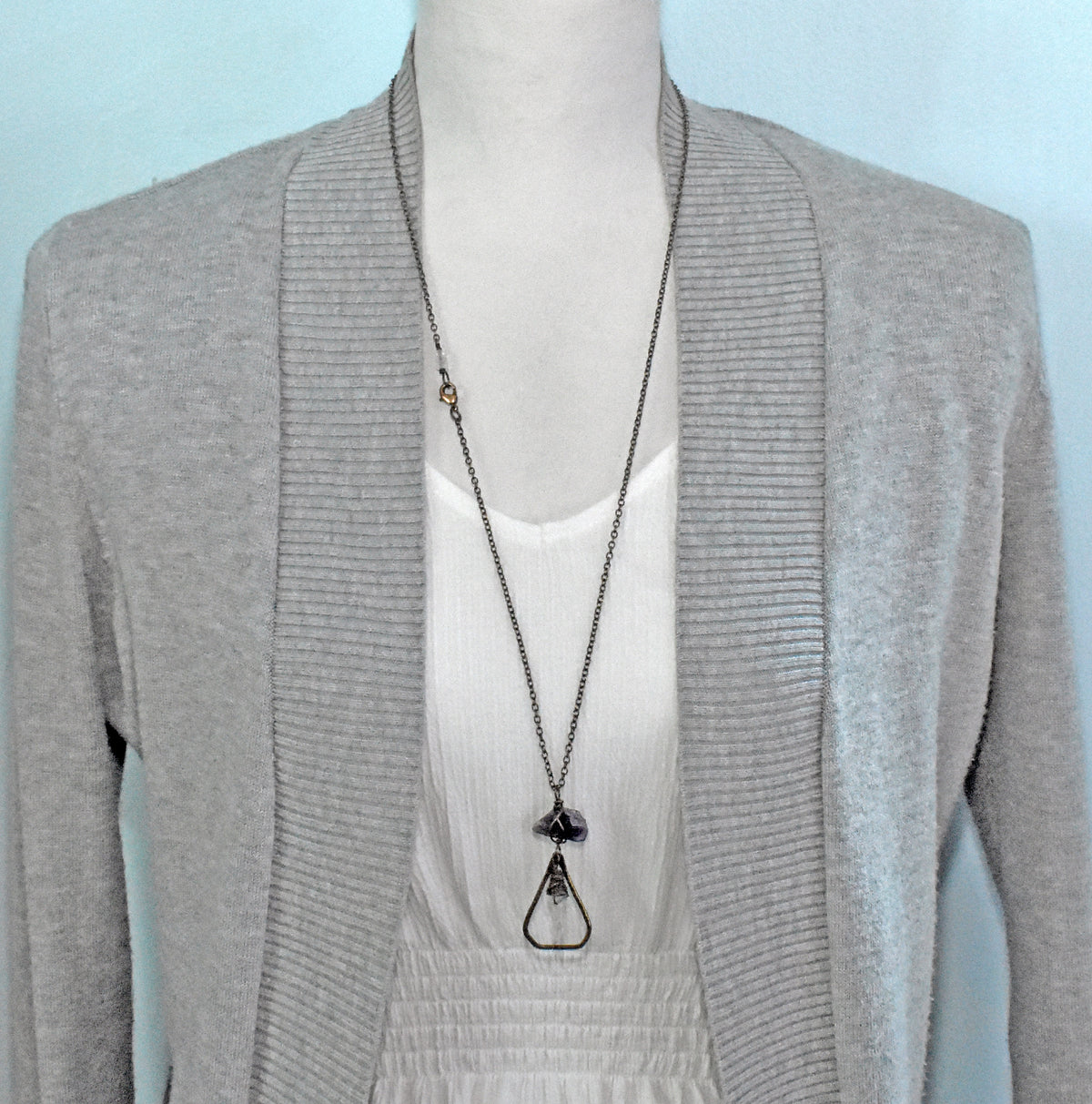 Raw Amethyst and Quartz Crystal Necklace, Rustic Copper Pendant, Natural Purple Gemstone Jewelry