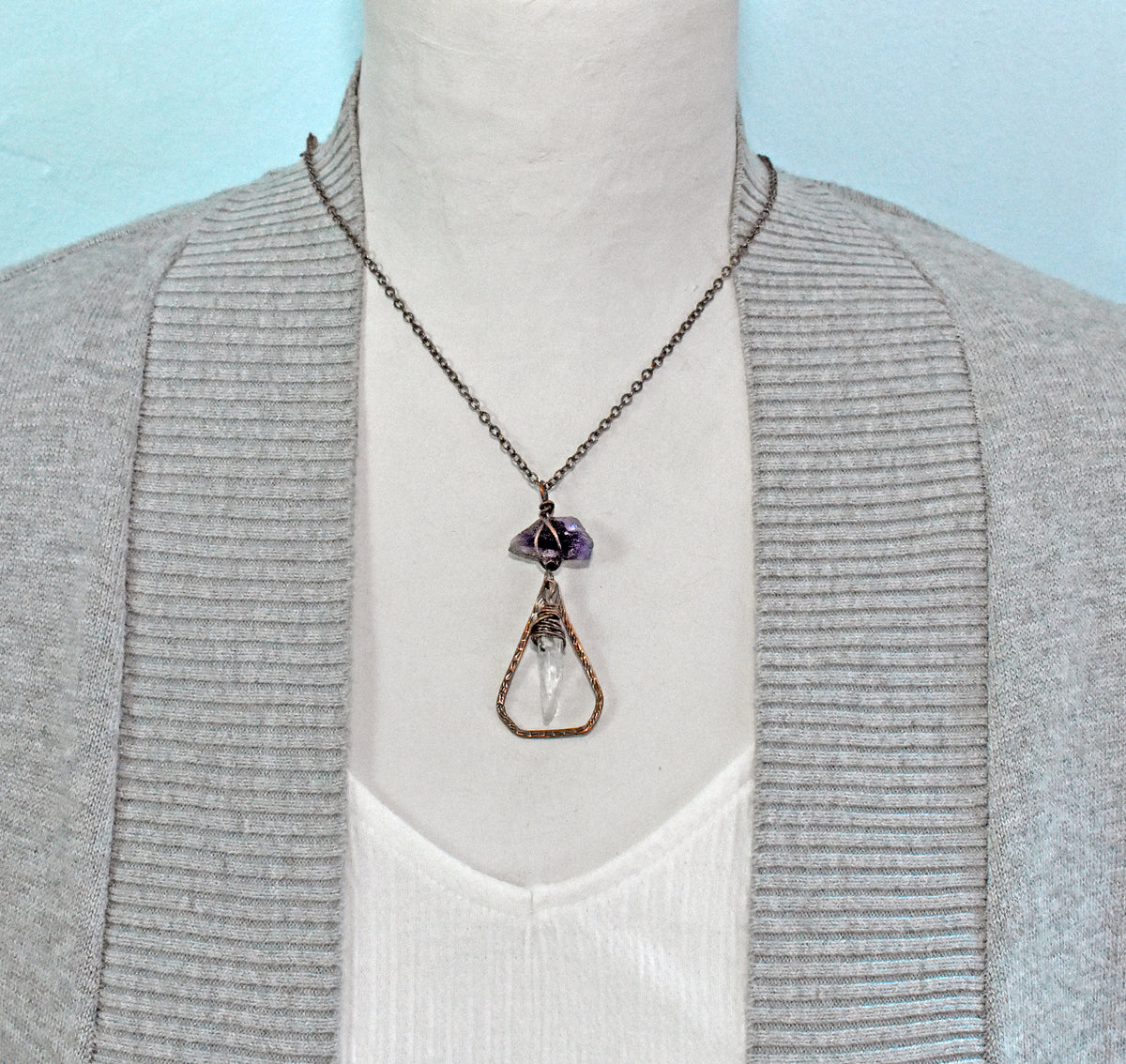 Raw Amethyst and Quartz Crystal Necklace, Rustic Copper Pendant, Natural Purple Gemstone Jewelry