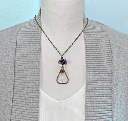 Raw Amethyst and Quartz Crystal Necklace, Rustic Copper Pendant, Natural Purple Gemstone Jewelry