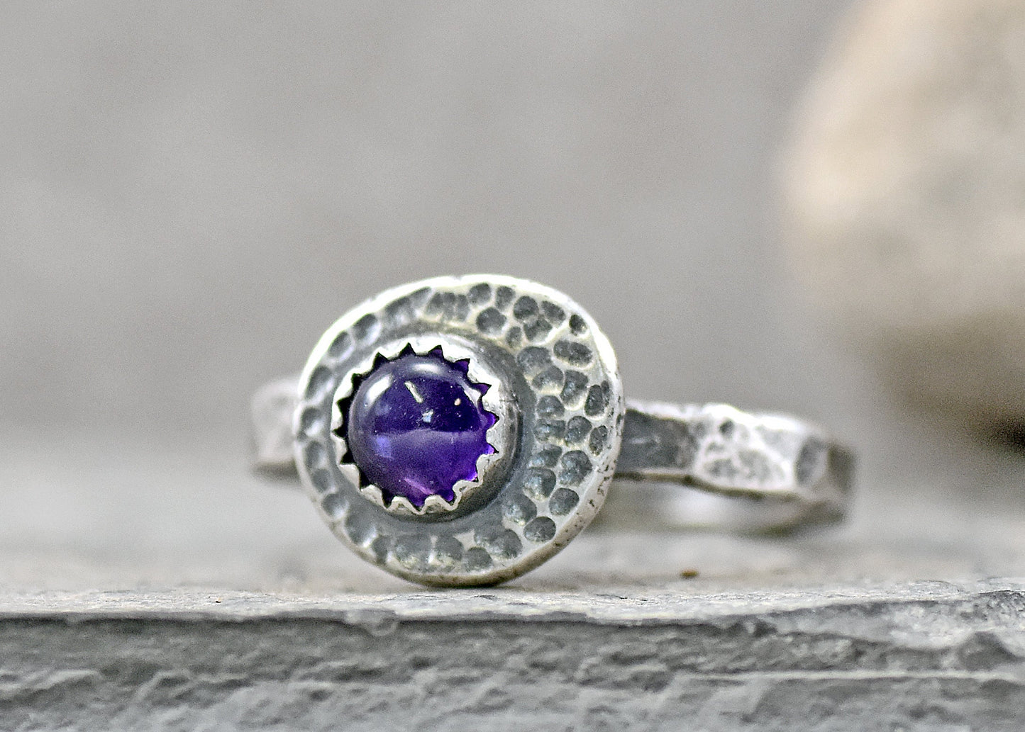 Amethyst Sterling Silver Ring Size 8.5, Organic Rustic Purple Gemstone Metalsmith Jewelry