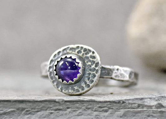 Amethyst Sterling Silver Ring Size 8.5, Organic Rustic Purple Gemstone Metalsmith Jewelry