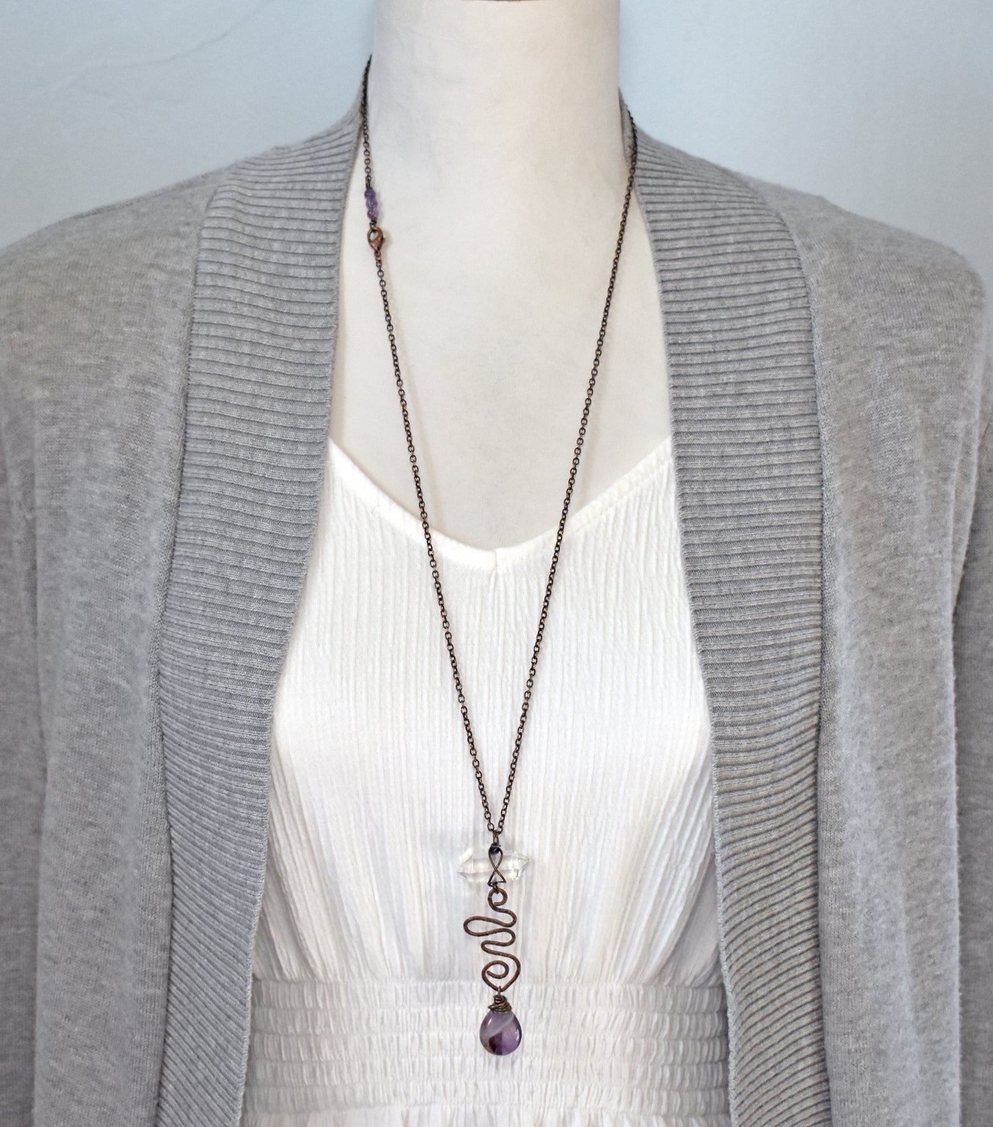 Amethyst Teardrop and Quartz Point Necklace, Rustic Handmade Copper Jewelry