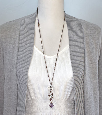 Amethyst Teardrop and Quartz Point Necklace, Rustic Handmade Copper Jewelry