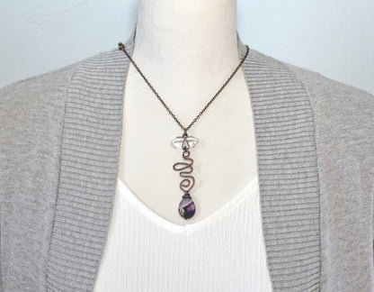 Amethyst Teardrop and Quartz Point Necklace, Rustic Handmade Copper Jewelry