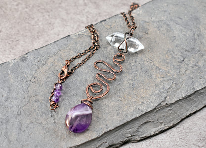 Amethyst Teardrop and Quartz Point Necklace, Rustic Handmade Copper Jewelry