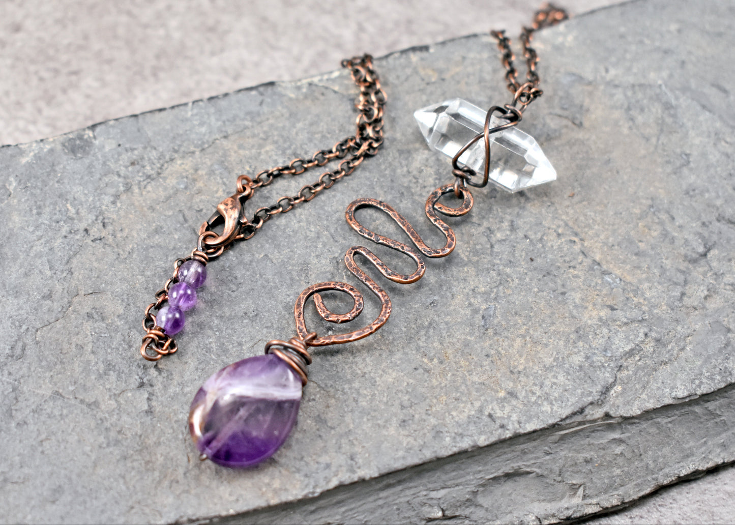 Amethyst Teardrop and Quartz Point Necklace, Rustic Handmade Copper Jewelry