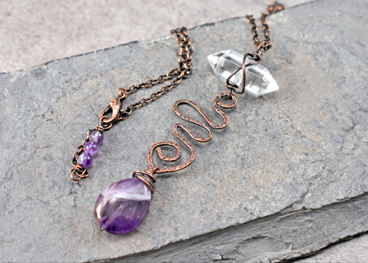 Amethyst Teardrop and Quartz Point Necklace, Rustic Handmade Copper Jewelry