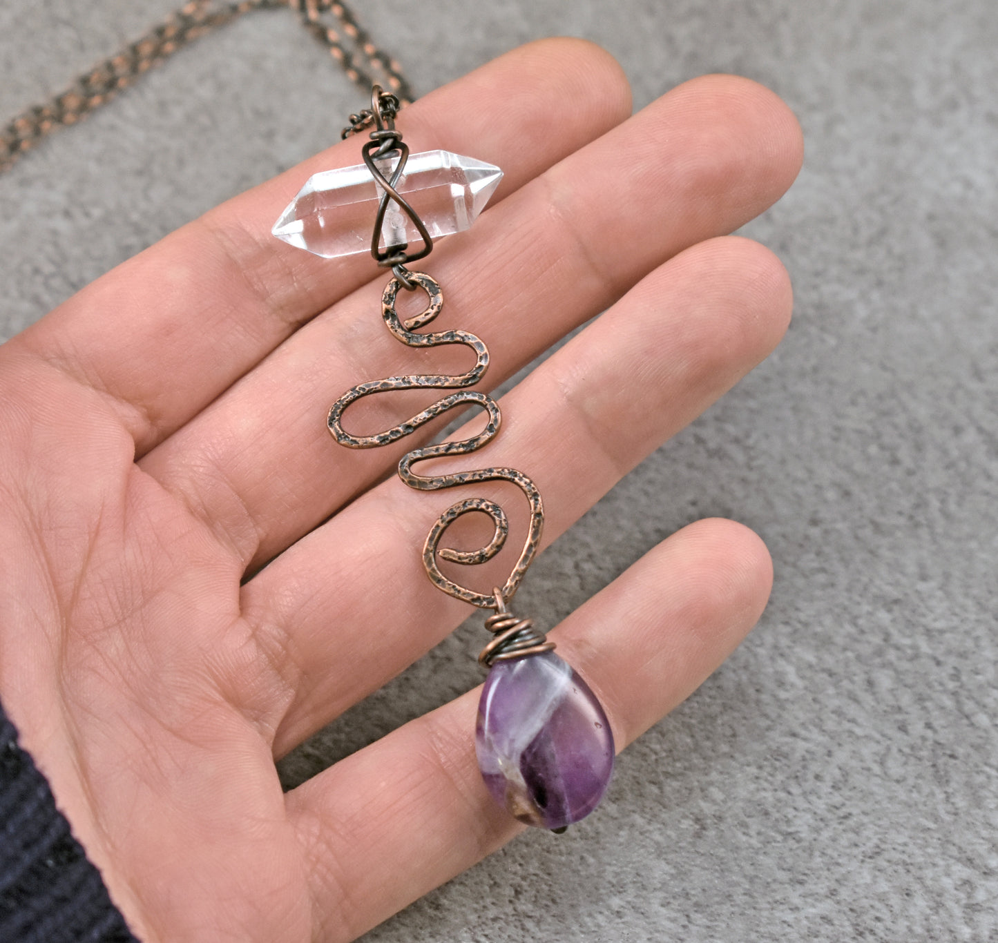 Amethyst Teardrop and Quartz Point Necklace, Rustic Handmade Copper Jewelry