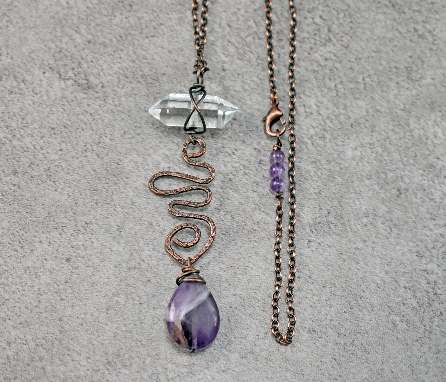 Amethyst Teardrop and Quartz Point Necklace, Rustic Handmade Copper Jewelry