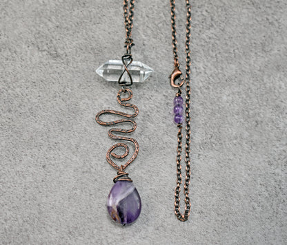 Amethyst Teardrop and Quartz Point Necklace, Rustic Handmade Copper Jewelry