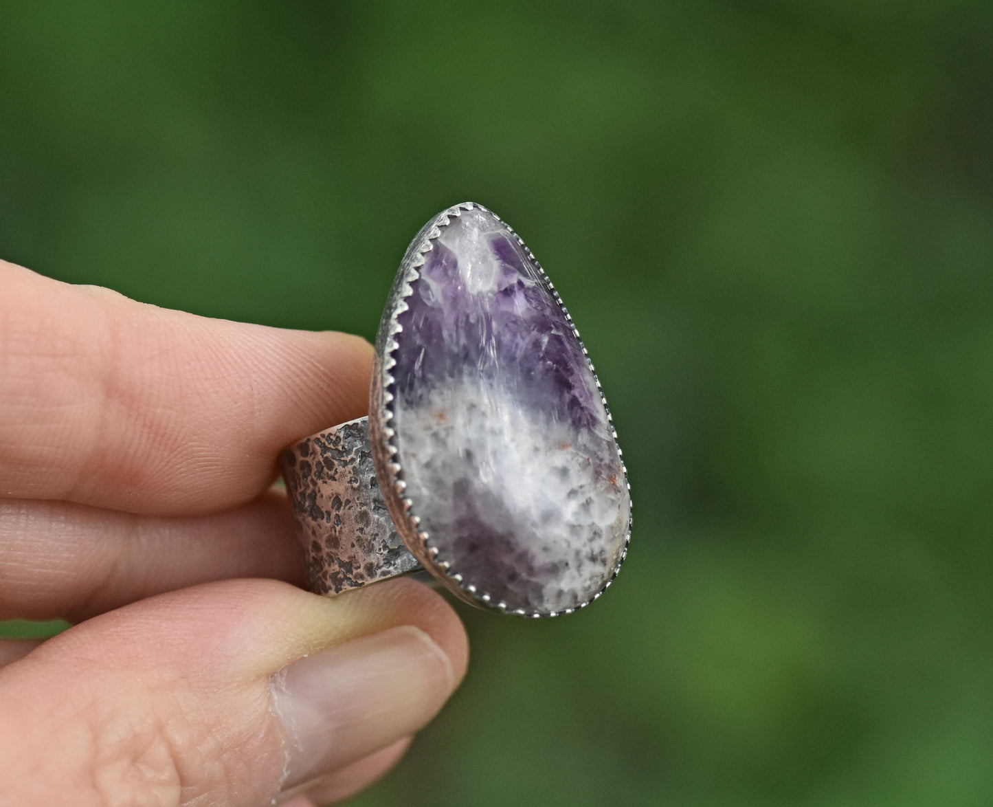 Tiger Mine Amethyst and Sterling Silver Wide Band Statement Ring, Size 8, Natural Purple Rustic Silversmith Jewelry