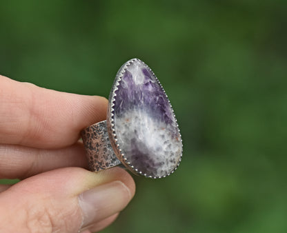 Tiger Mine Amethyst and Sterling Silver Wide Band Statement Ring, Size 8, Natural Purple Rustic Silversmith Jewelry
