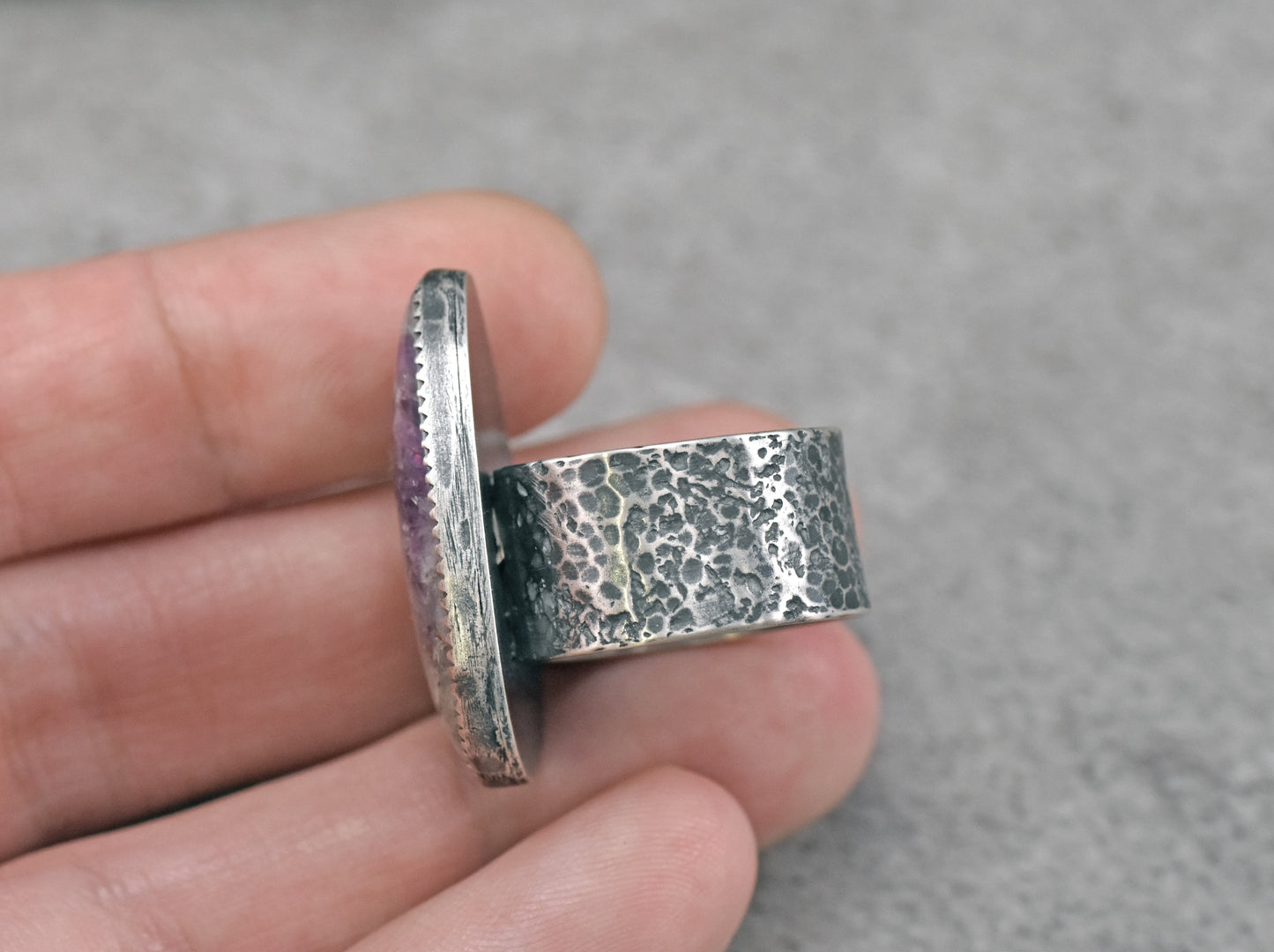 Tiger Mine Amethyst and Sterling Silver Wide Band Statement Ring, Size 8, Natural Purple Rustic Silversmith Jewelry