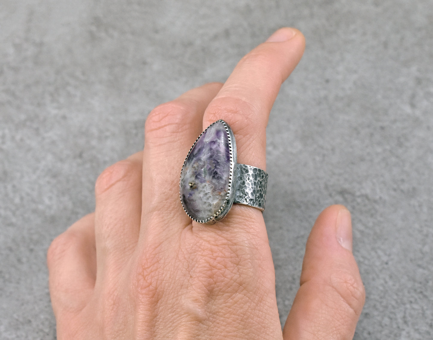Tiger Mine Amethyst and Sterling Silver Wide Band Statement Ring, Size 8, Natural Purple Rustic Silversmith Jewelry