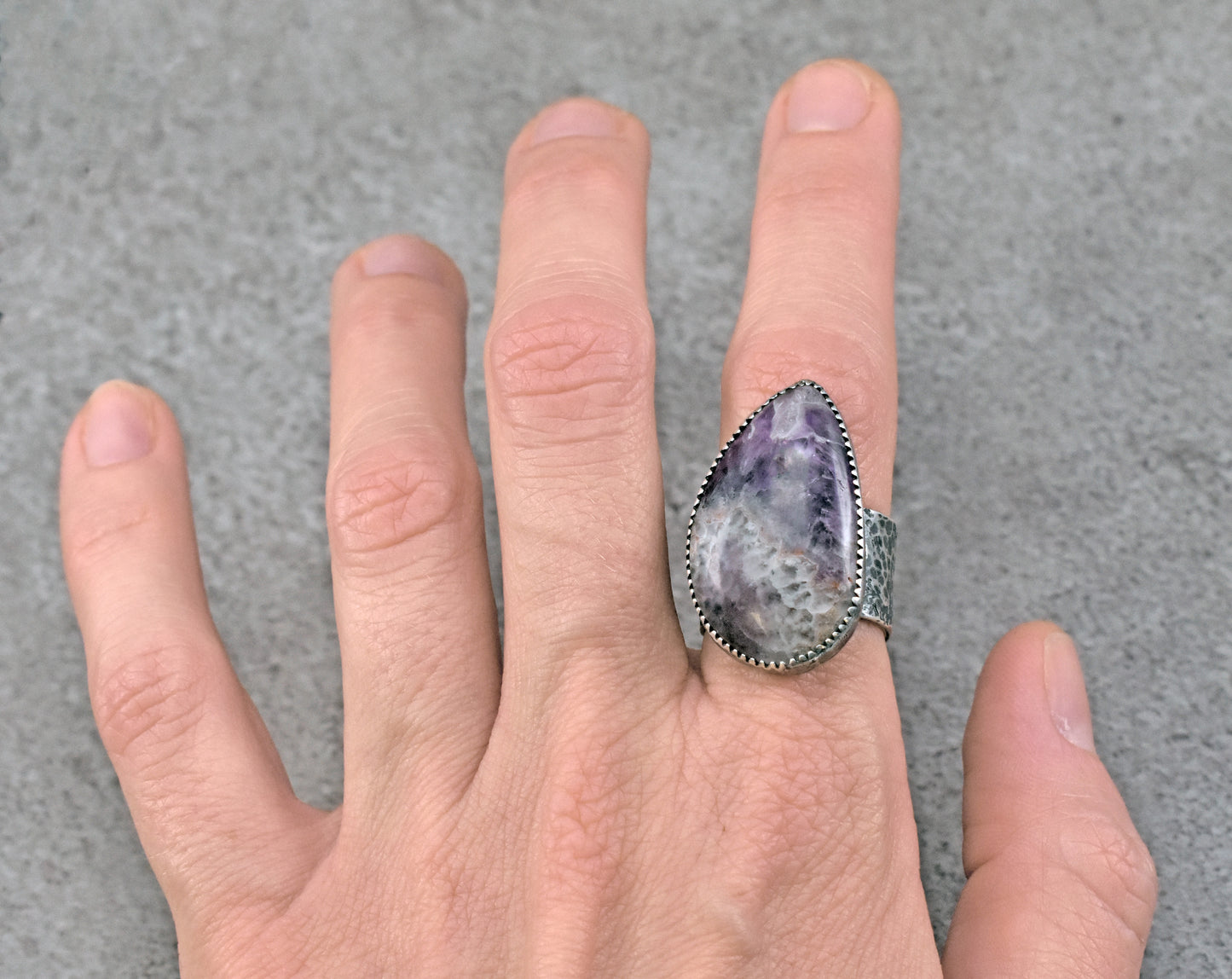 Tiger Mine Amethyst and Sterling Silver Wide Band Statement Ring, Size 8, Natural Purple Rustic Silversmith Jewelry