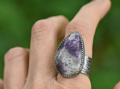 Tiger Mine Amethyst and Sterling Silver Wide Band Statement Ring, Size 8, Natural Purple Rustic Silversmith Jewelry