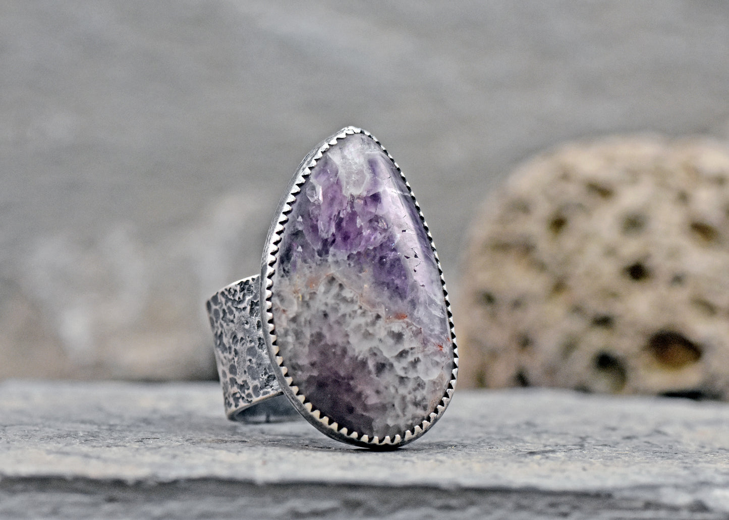 Tiger Mine Amethyst and Sterling Silver Wide Band Statement Ring, Size 8, Natural Purple Rustic Silversmith Jewelry