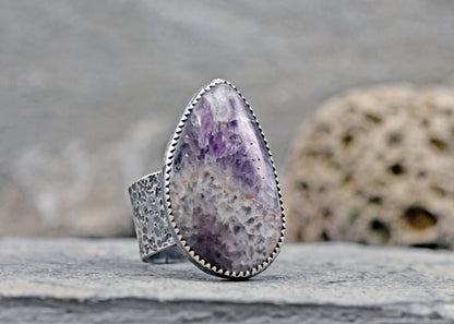 Tiger Mine Amethyst and Sterling Silver Wide Band Statement Ring, Size 8, Natural Purple Rustic Silversmith Jewelry