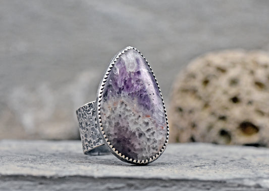 Tiger Mine Amethyst and Sterling Silver Wide Band Statement Ring, Size 8, Natural Purple Rustic Silversmith Jewelry