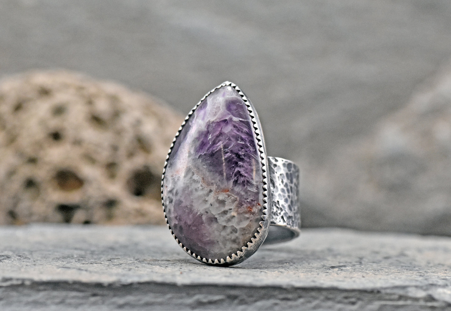 Tiger Mine Amethyst and Sterling Silver Wide Band Statement Ring, Size 8, Natural Purple Rustic Silversmith Jewelry