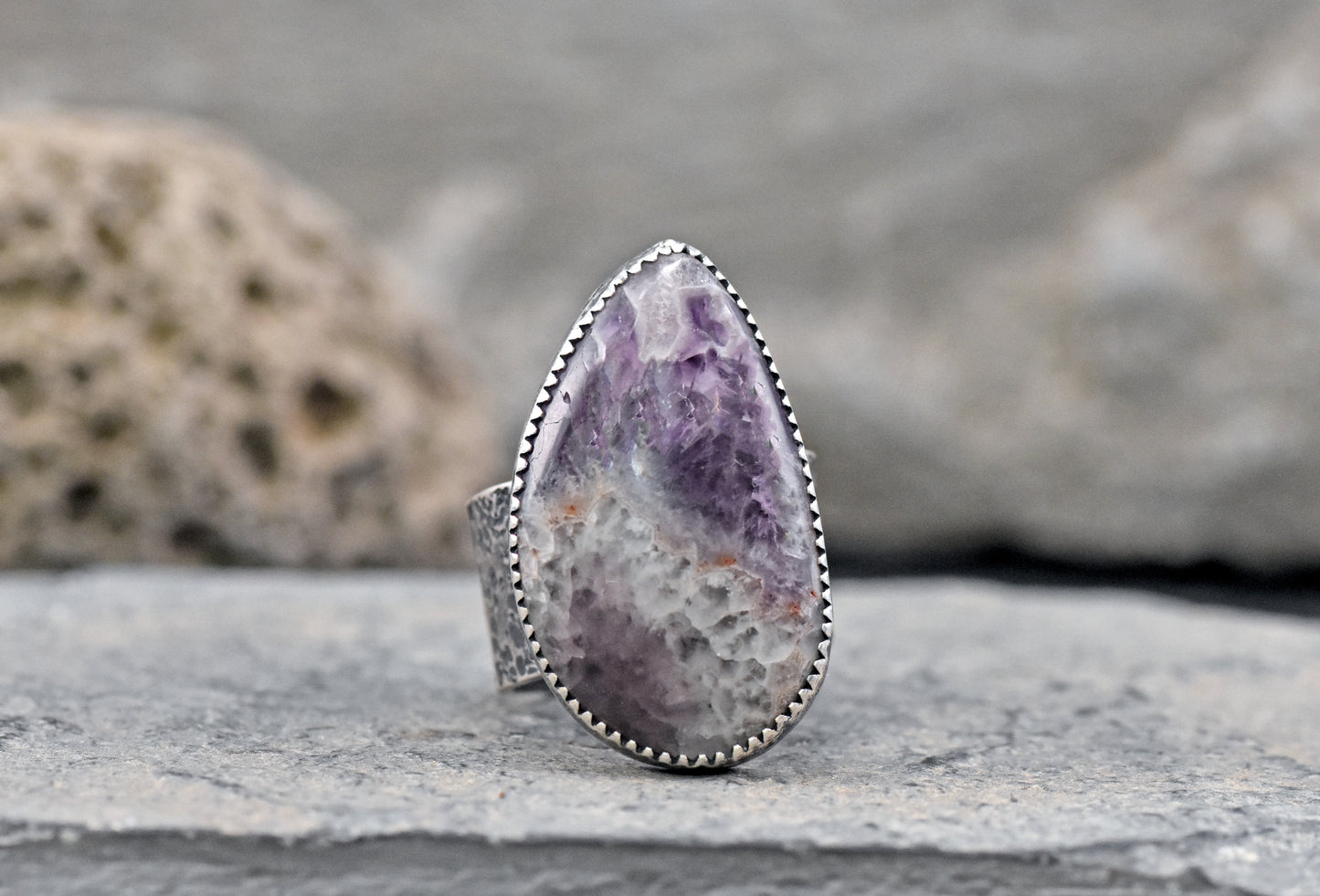 Tiger Mine Amethyst and Sterling Silver Wide Band Statement Ring, Size 8, Natural Purple Rustic Silversmith Jewelry