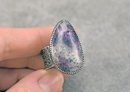 Tiger Mine Amethyst and Sterling Silver Wide Band Statement Ring, Size 8, Natural Purple Rustic Silversmith Jewelry