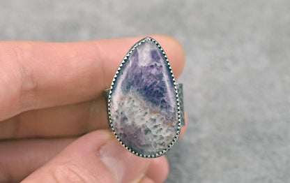 Tiger Mine Amethyst and Sterling Silver Wide Band Statement Ring, Size 8, Natural Purple Rustic Silversmith Jewelry