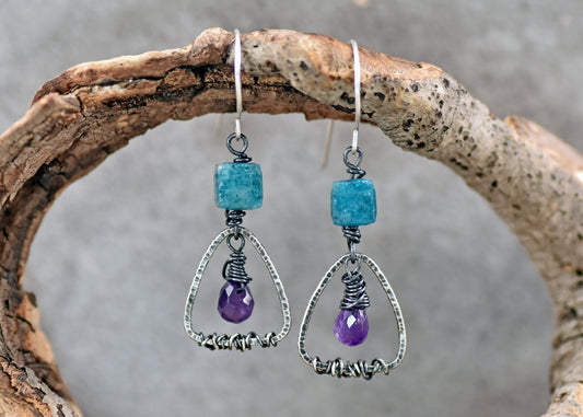 Amethyst, Apatite and Sterling Silver Wire Triangle Earrings, Handmade Artisan Jewelry