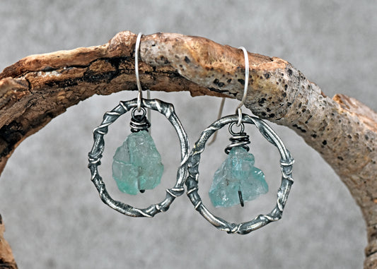 Raw Apatite and Sterling Silver Earrings, Organic Rough Gemstone Dangles, Unique Artisan Jewelry