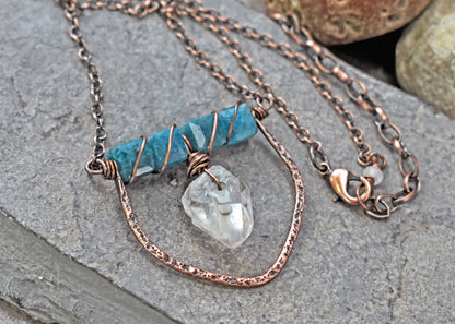 Bright Blue Apatite, Raw Quartz and Copper Wire Necklace, Rustic Unique Gemstone Jewelry