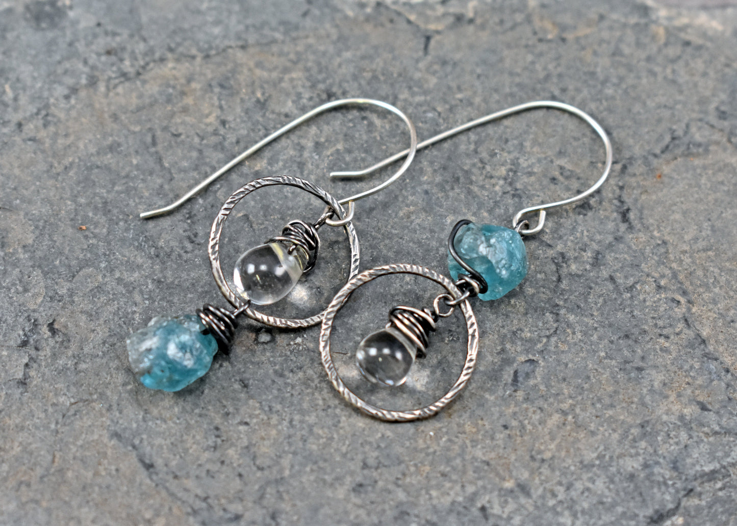 Raw Apatite and Quartz Asymmetrical Sterling Silver Earrings, Blue Handmade Unique Jewelry