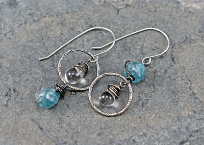 Raw Apatite and Quartz Asymmetrical Sterling Silver Earrings, Blue Handmade Unique Jewelry