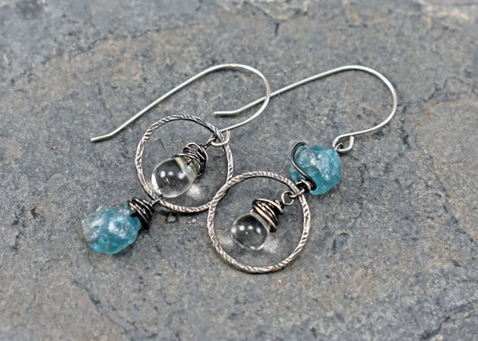Raw Apatite and Quartz Asymmetrical Sterling Silver Earrings, Blue Handmade Unique Jewelry