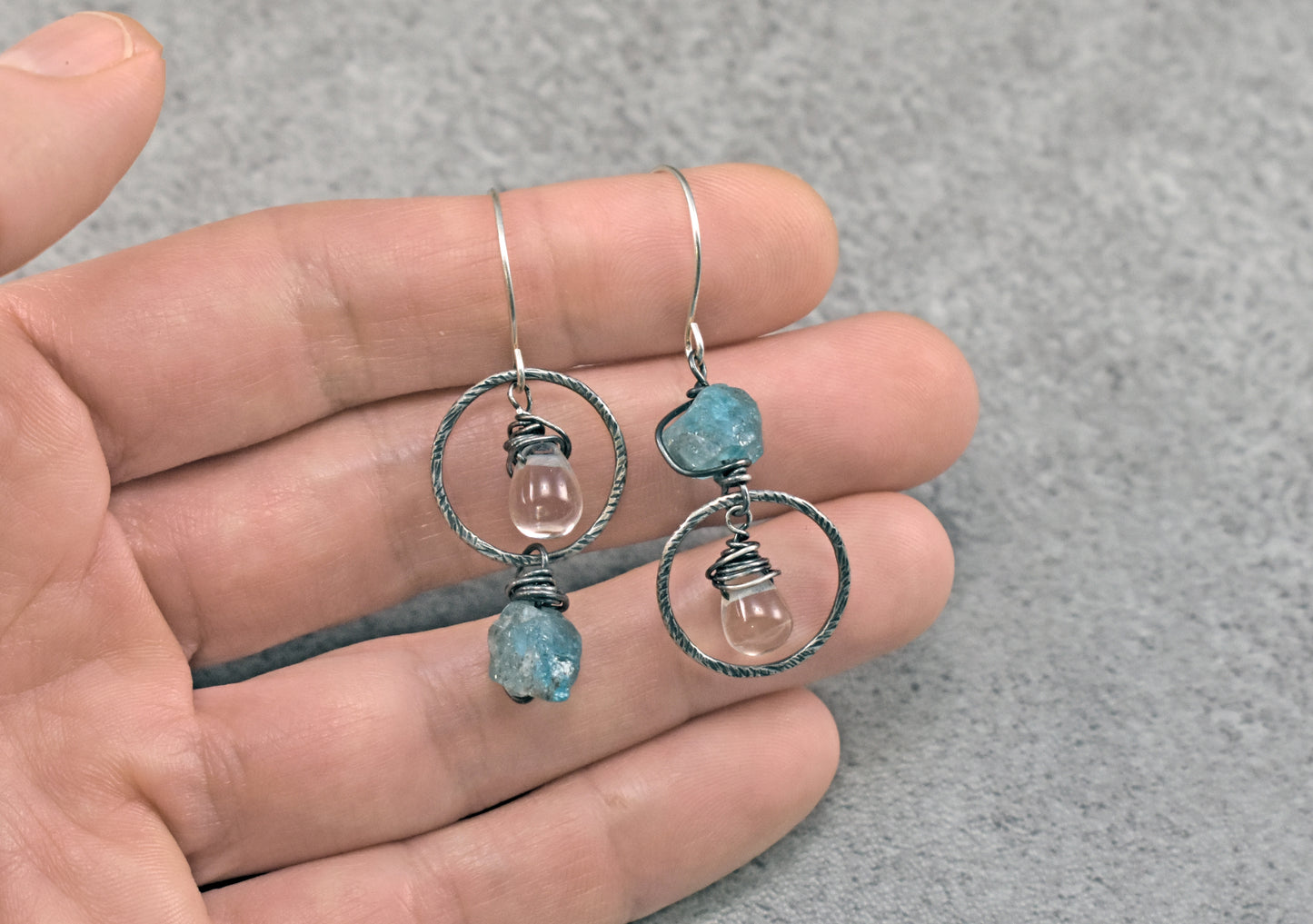 Raw Apatite and Quartz Asymmetrical Sterling Silver Earrings, Blue Handmade Unique Jewelry