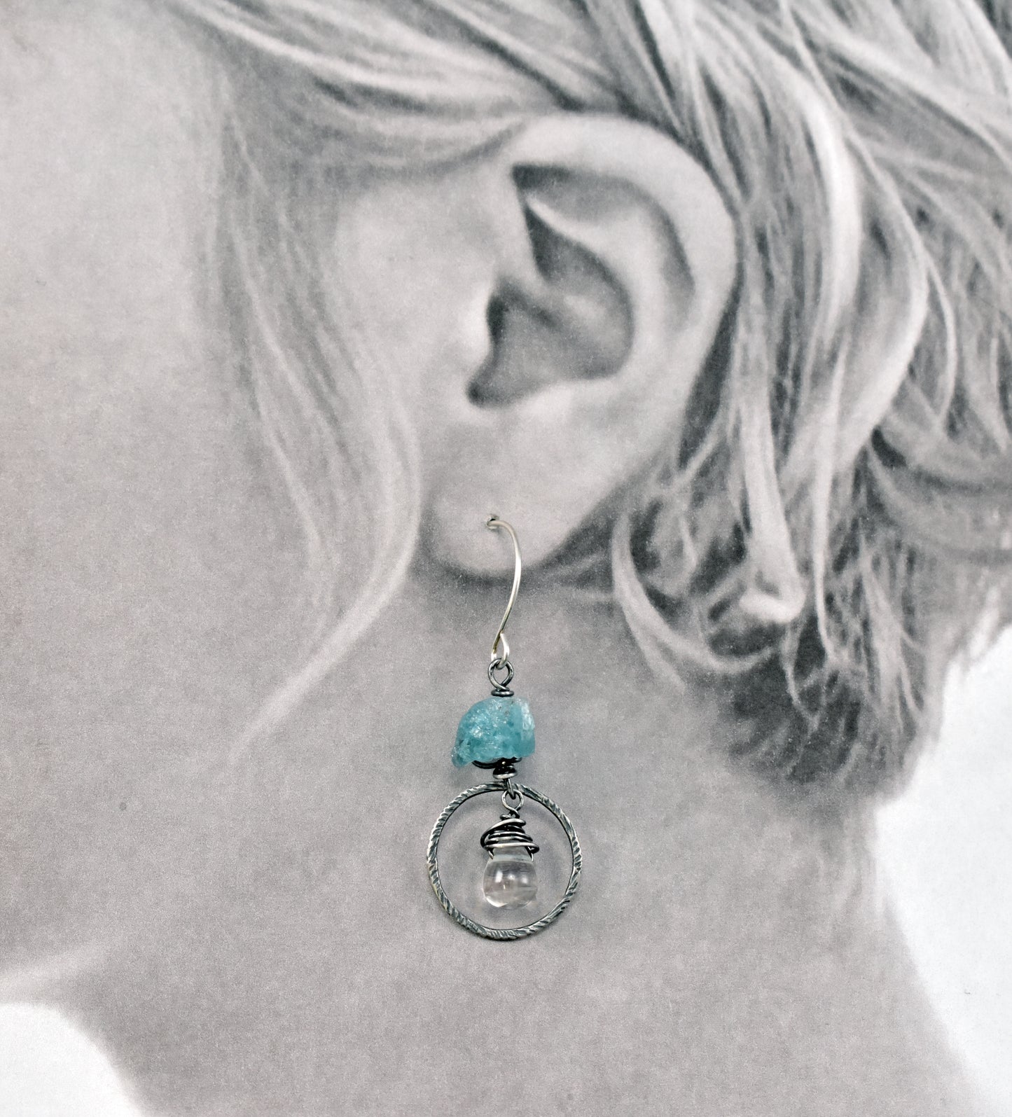 Raw Apatite and Quartz Asymmetrical Sterling Silver Earrings, Blue Handmade Unique Jewelry