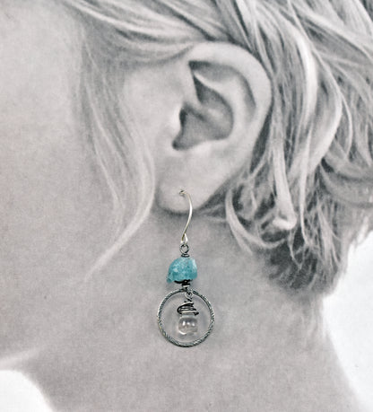 Raw Apatite and Quartz Asymmetrical Sterling Silver Earrings, Blue Handmade Unique Jewelry