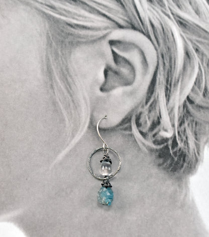 Raw Apatite and Quartz Asymmetrical Sterling Silver Earrings, Blue Handmade Unique Jewelry