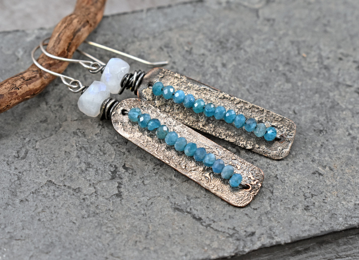 Apatite and Moonstone Mixed Metal Earrings, Sterling Silver on Copper Unique Green Blue Rustic Handmade Jewelry
