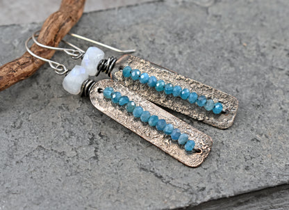 Apatite and Moonstone Mixed Metal Earrings, Sterling Silver on Copper Unique Green Blue Rustic Handmade Jewelry