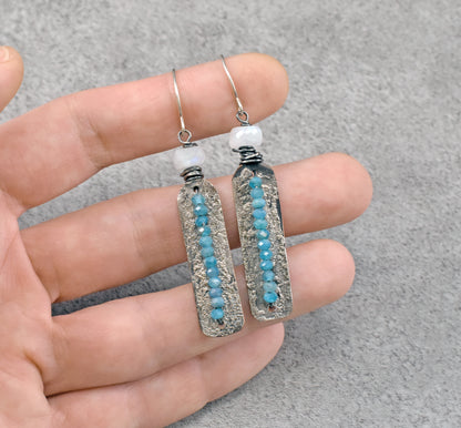 Apatite and Moonstone Mixed Metal Earrings, Sterling Silver on Copper Unique Green Blue Rustic Handmade Jewelry