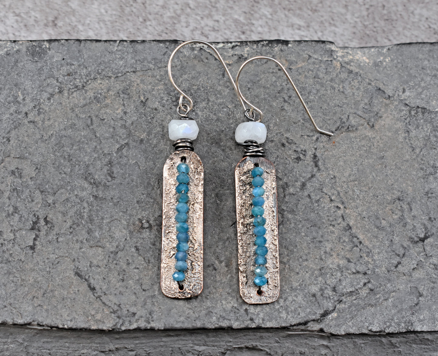 Apatite and Moonstone Mixed Metal Earrings, Sterling Silver on Copper Unique Green Blue Rustic Handmade Jewelry