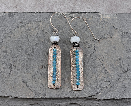 Apatite and Moonstone Mixed Metal Earrings, Sterling Silver on Copper Unique Green Blue Rustic Handmade Jewelry