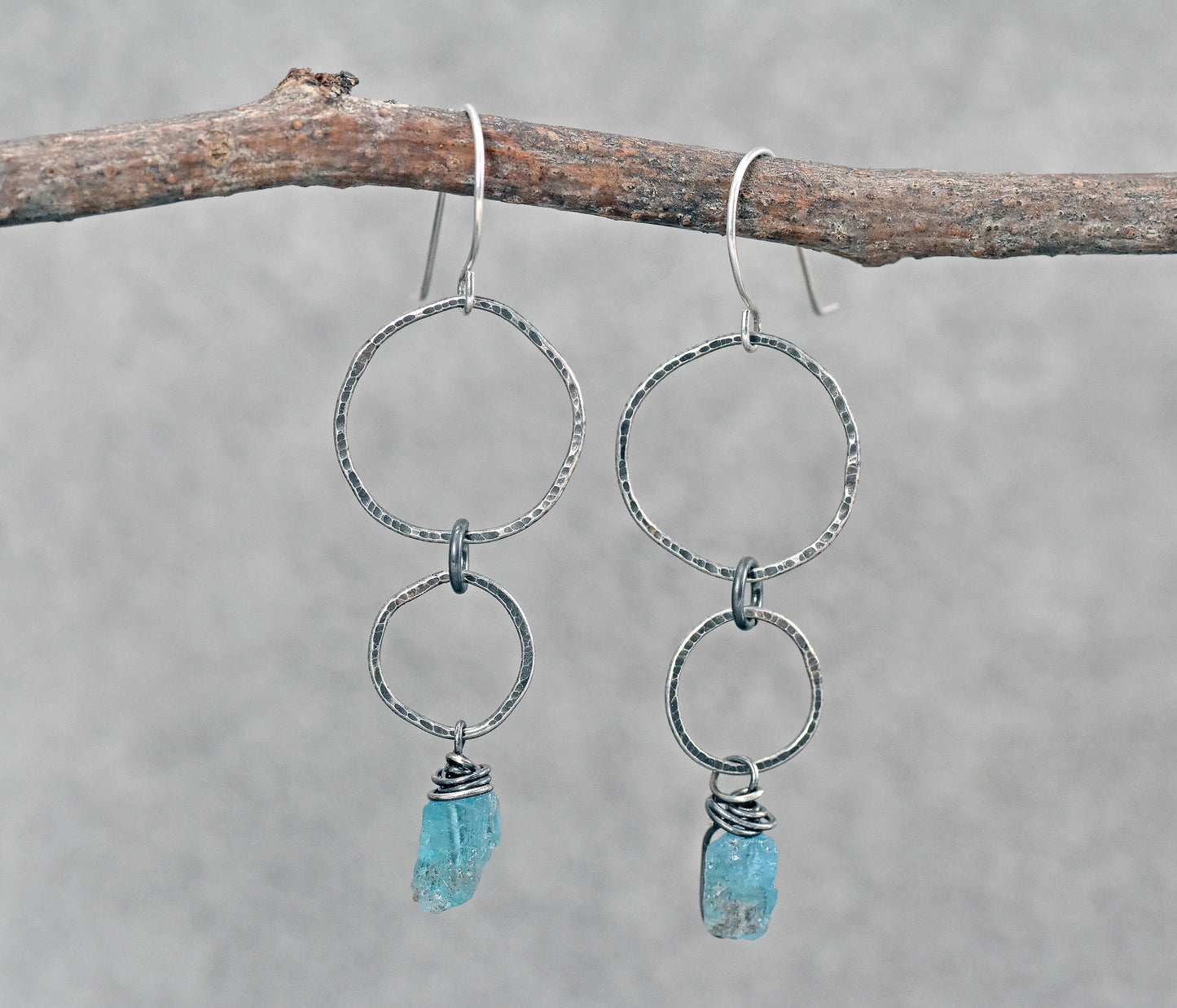 Long Raw Apatite and Sterling Silver Circle Earrings, Organic Rough Gemstone Handmade Jewelry