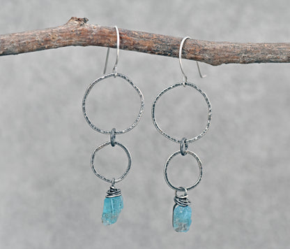 Long Raw Apatite and Sterling Silver Circle Earrings, Organic Rough Gemstone Handmade Jewelry